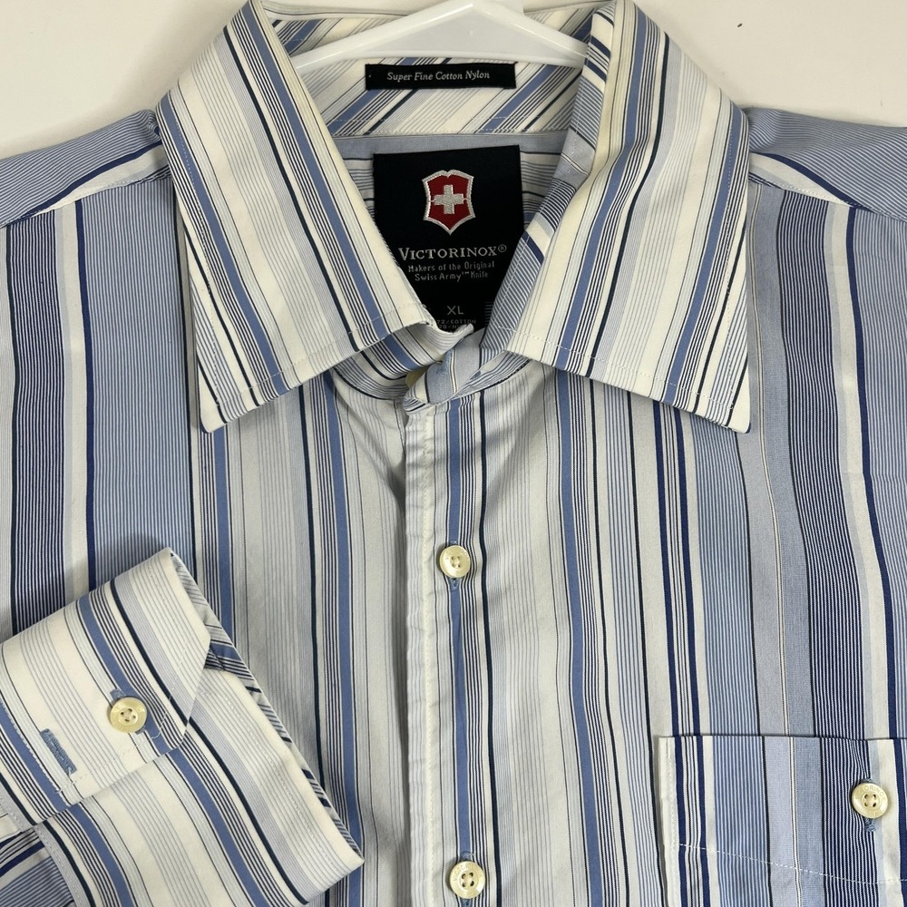 Victorinox Shirt Mens XL Blue Stripe Cotton Nylon Long‎ Sleeve Button Up